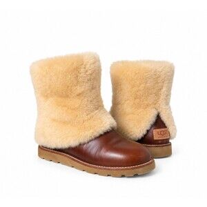 UGG Maylin Brown Leather Sheepskin Boots Women 6 Cozy Fur Winter Y2K Rare